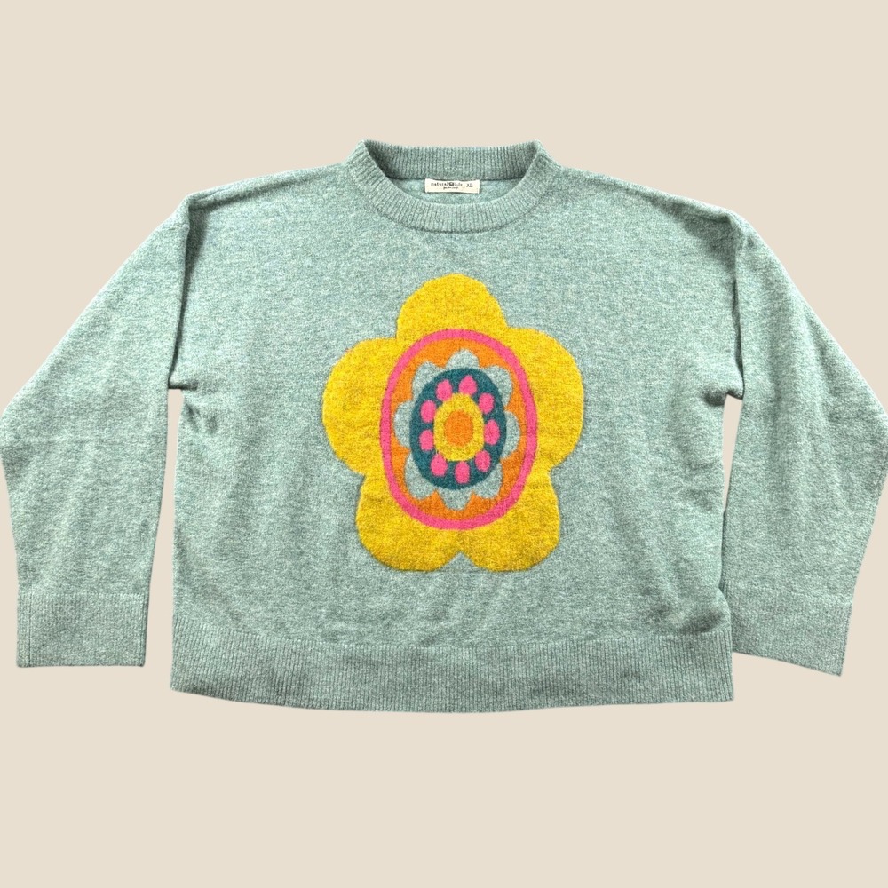 Natural Life Sweater Women L/XL Green Floral Wool Blend Boho Hippie Retro SOFT